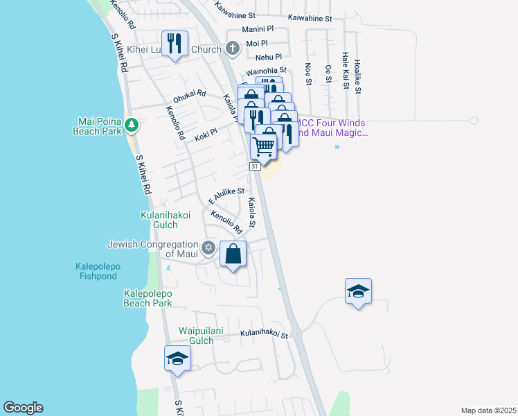 map of restaurants, bars, coffee shops, grocery stores, and more near 567 Kaiola Street in Kihei