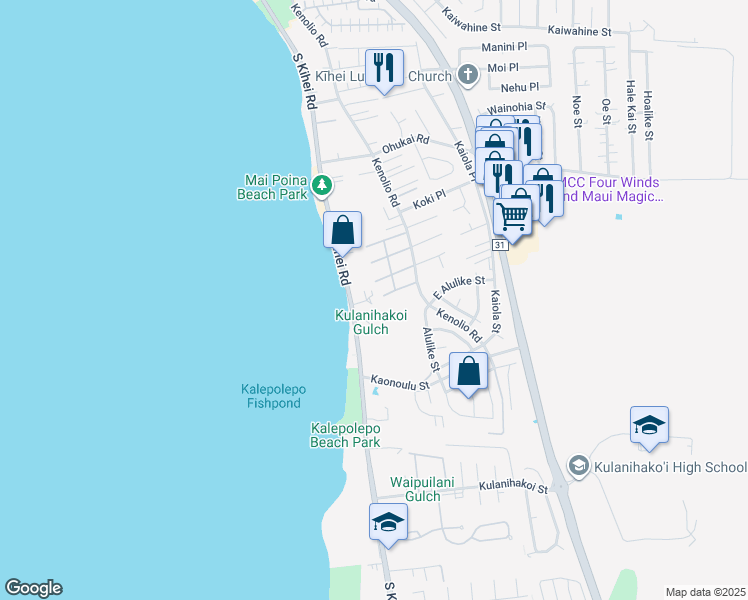 map of restaurants, bars, coffee shops, grocery stores, and more near 34 Wailana Place in Kihei