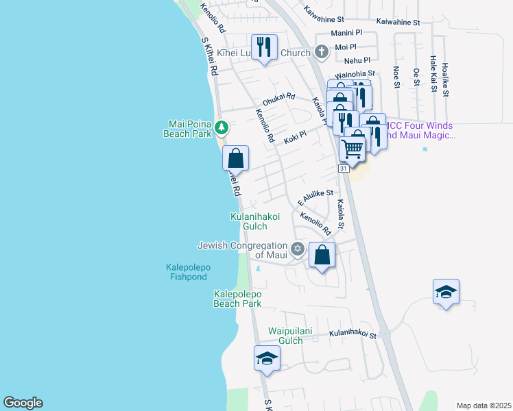 map of restaurants, bars, coffee shops, grocery stores, and more near 34 Wailana Place in Kihei
