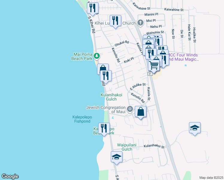 map of restaurants, bars, coffee shops, grocery stores, and more near 34 Wailana Place in Kihei