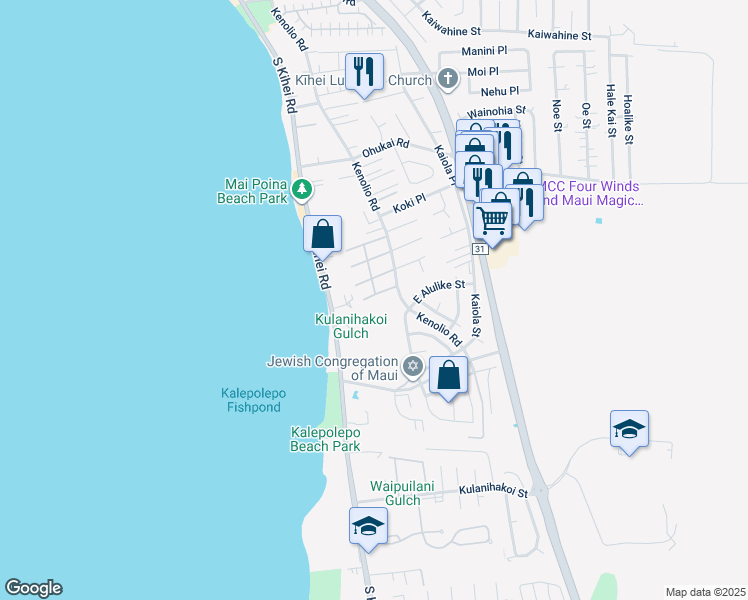 map of restaurants, bars, coffee shops, grocery stores, and more near 480 Kenolio Road in Kihei