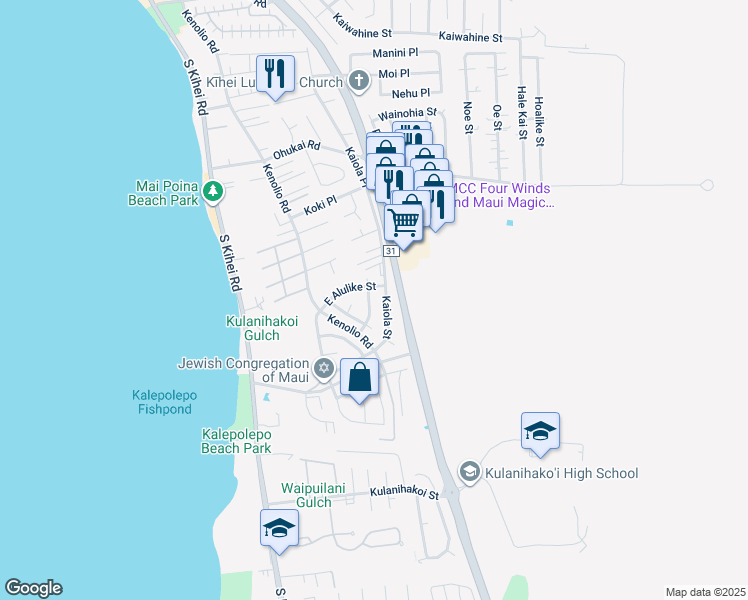 map of restaurants, bars, coffee shops, grocery stores, and more near 555 Halalai Street in Kihei