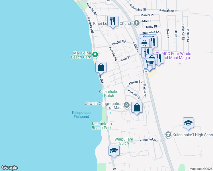 map of restaurants, bars, coffee shops, grocery stores, and more near 21 Wailana Place in Kihei