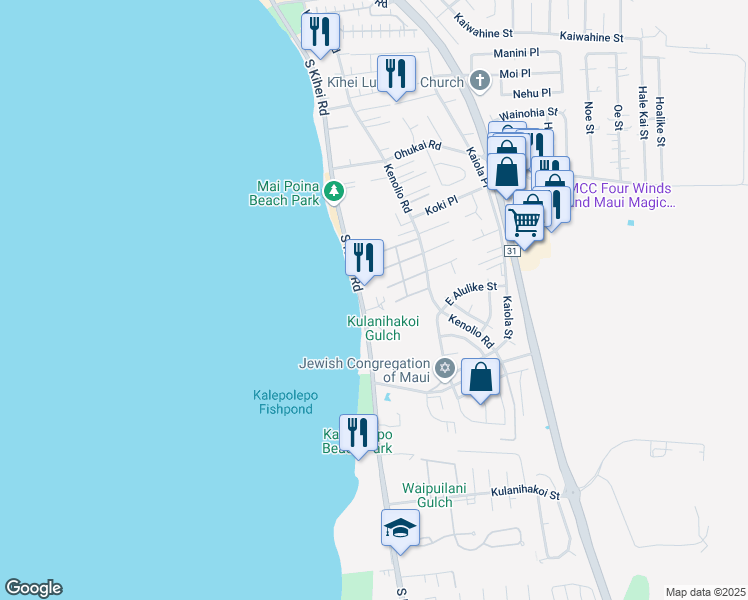 map of restaurants, bars, coffee shops, grocery stores, and more near 21 Wailana Place in Kihei