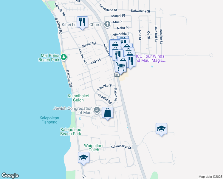 map of restaurants, bars, coffee shops, grocery stores, and more near 555 Halalai Street in Kihei