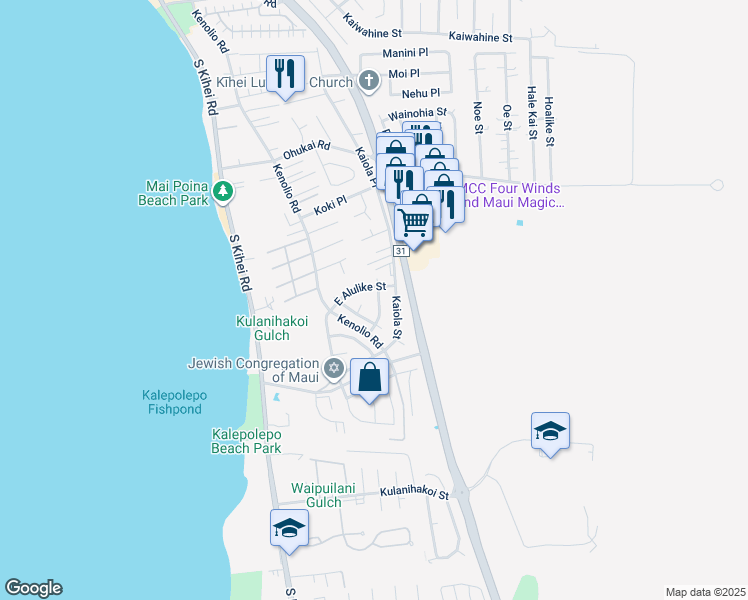 map of restaurants, bars, coffee shops, grocery stores, and more near 556 Halalai Street in Kihei