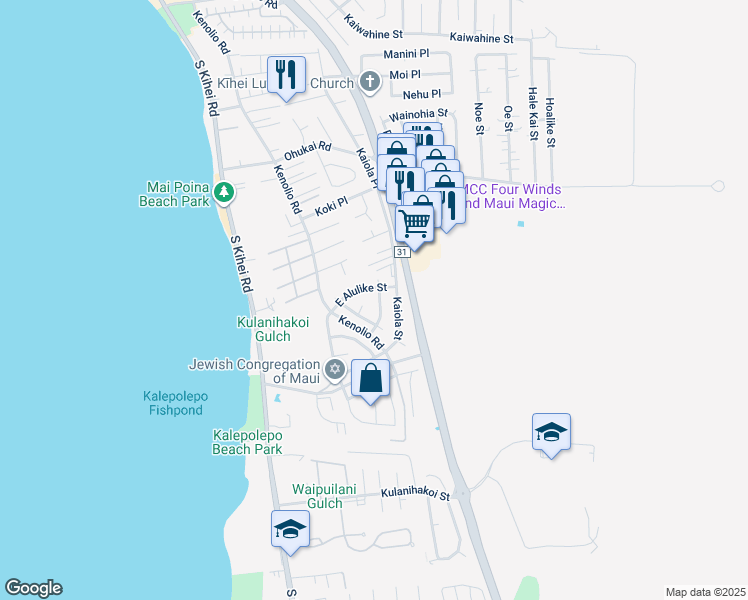 map of restaurants, bars, coffee shops, grocery stores, and more near 556 Halalai Street in Kihei