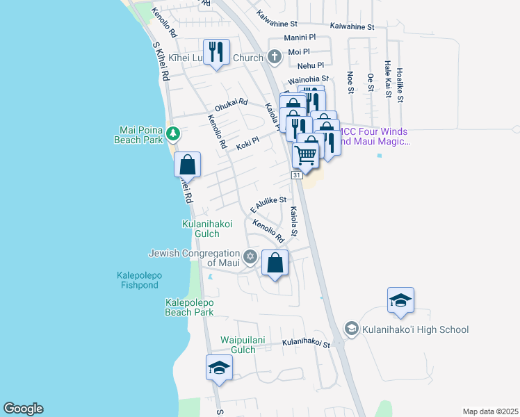 map of restaurants, bars, coffee shops, grocery stores, and more near 130 East Alulike Street in Kihei