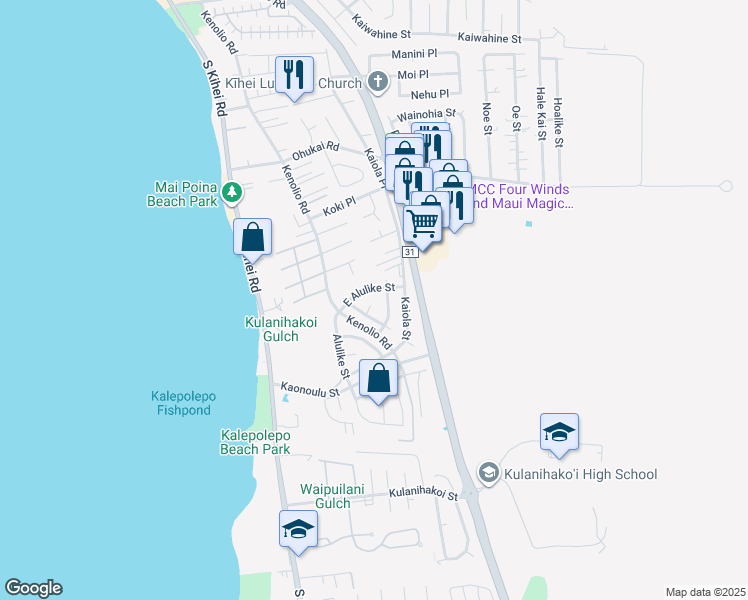 map of restaurants, bars, coffee shops, grocery stores, and more near 568 Hoomaluhia Place in Kihei