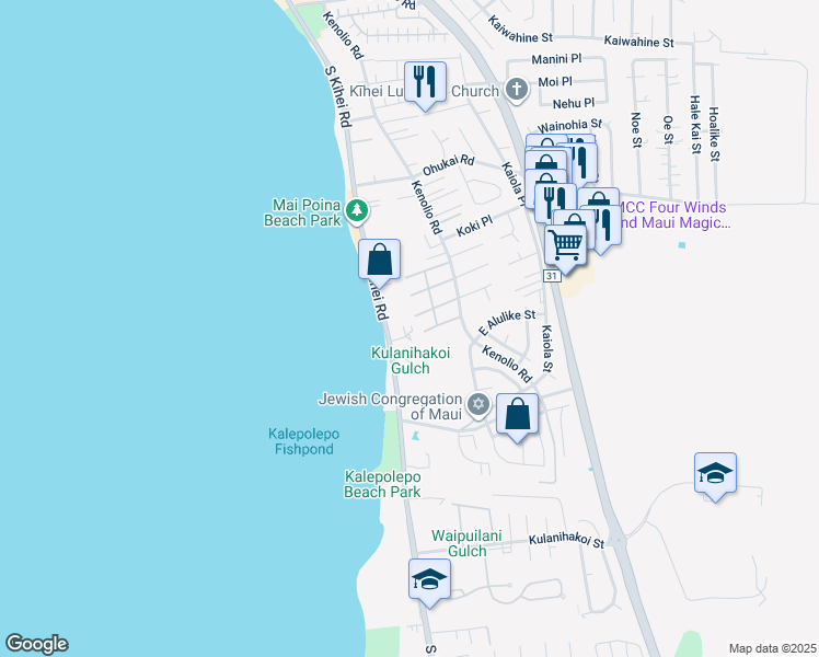 map of restaurants, bars, coffee shops, grocery stores, and more near 25 Wailana Place in Kihei