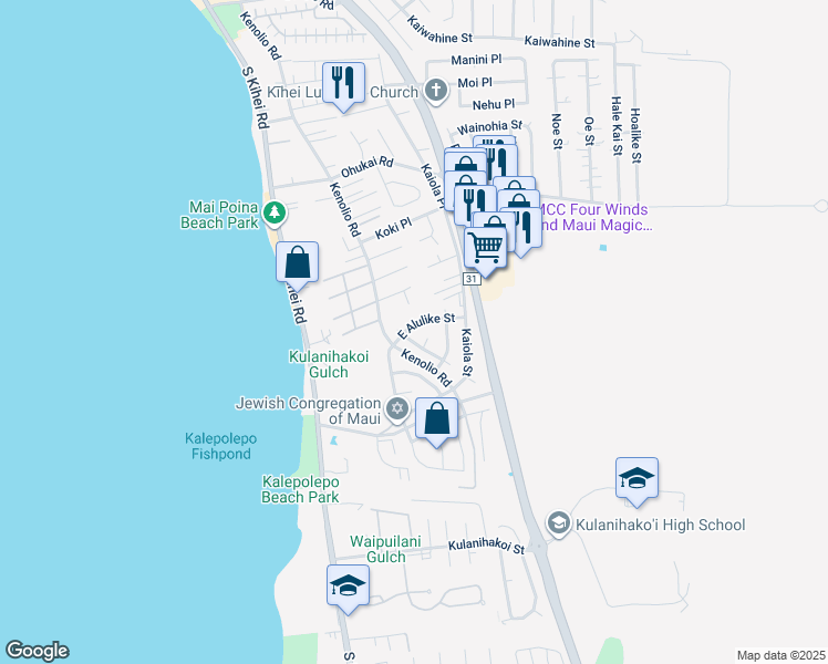map of restaurants, bars, coffee shops, grocery stores, and more near 130 East Alulike Street in Kihei