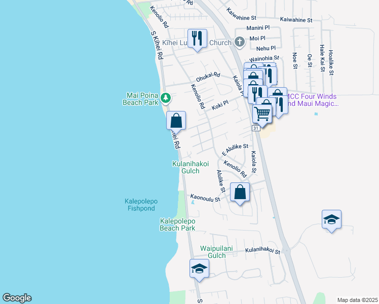 map of restaurants, bars, coffee shops, grocery stores, and more near 25 Wailana Place in Kihei