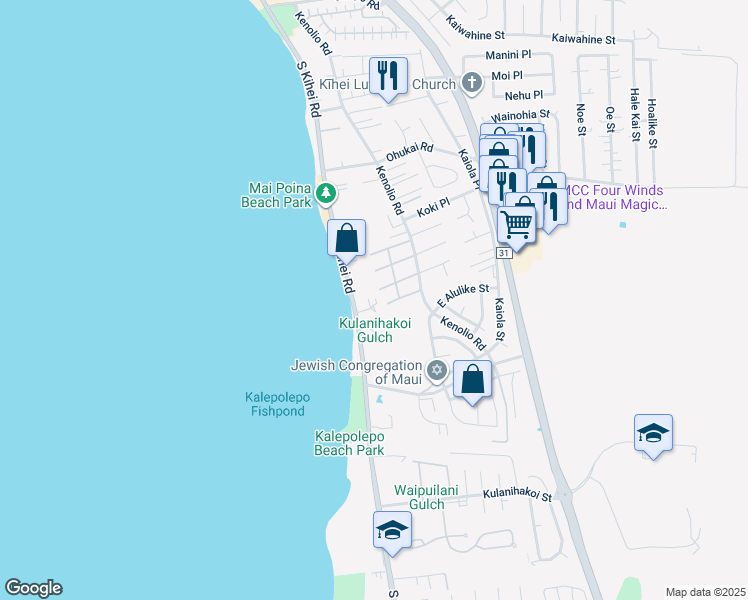 map of restaurants, bars, coffee shops, grocery stores, and more near 25 Wailana Place in Kihei