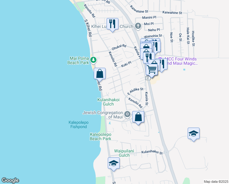 map of restaurants, bars, coffee shops, grocery stores, and more near 480 Kenolio Road in Kihei