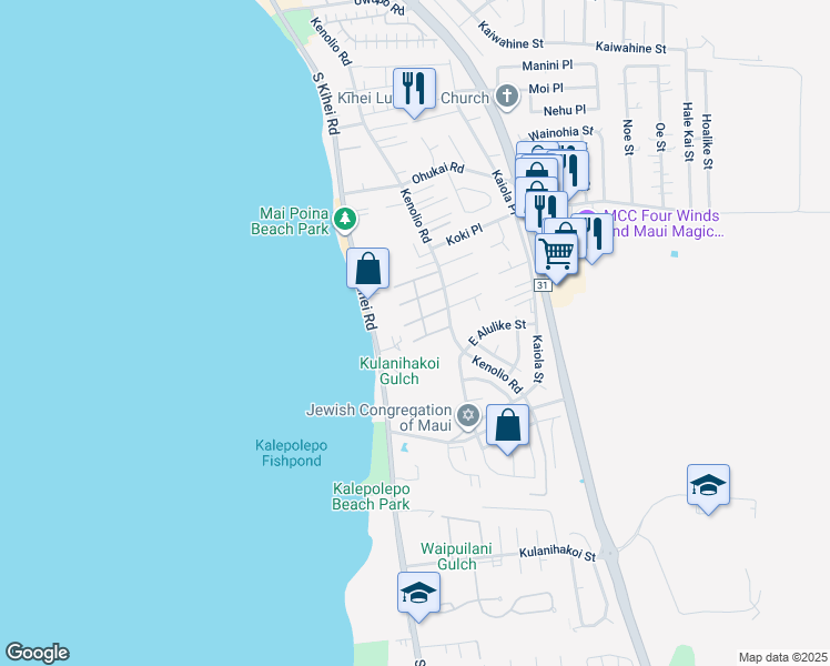 map of restaurants, bars, coffee shops, grocery stores, and more near 480 Kenolio Road in Kihei