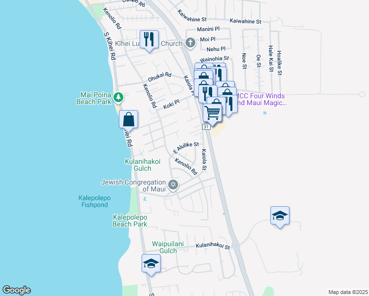 map of restaurants, bars, coffee shops, grocery stores, and more near 148 East Alulike Street in Kihei
