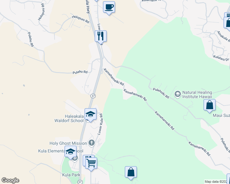 map of restaurants, bars, coffee shops, grocery stores, and more near 202 Kamehameiki Road in Kula