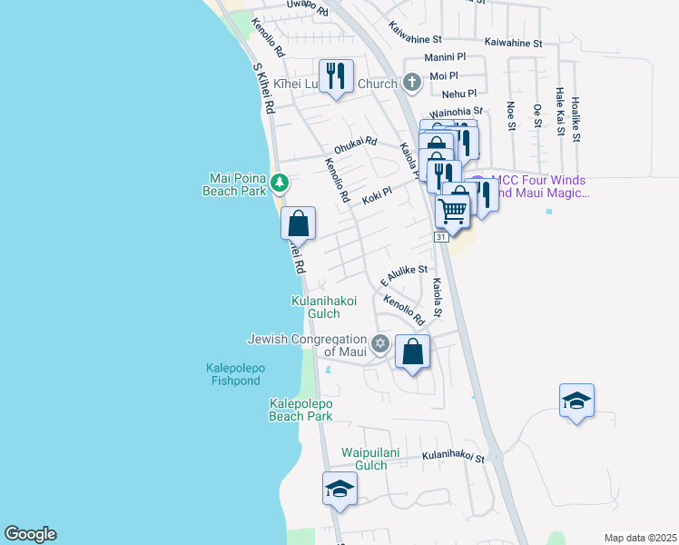 map of restaurants, bars, coffee shops, grocery stores, and more near 480 Kenolio Road in Kihei