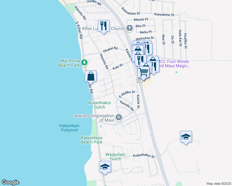 map of restaurants, bars, coffee shops, grocery stores, and more near 541 Kenolio Road in Kihei