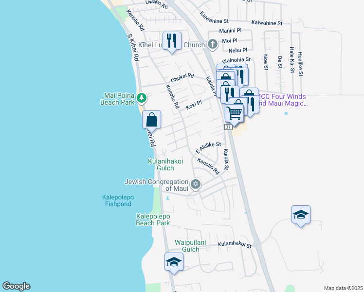 map of restaurants, bars, coffee shops, grocery stores, and more near 480 Kenolio Road in Kihei