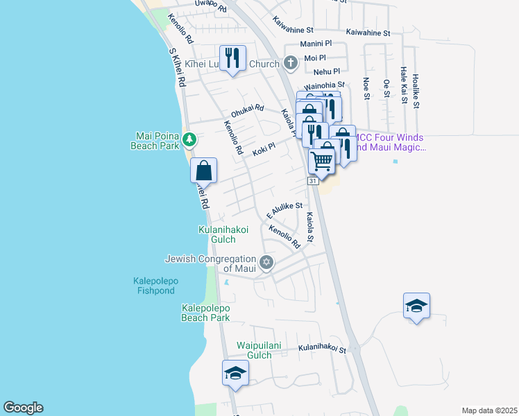 map of restaurants, bars, coffee shops, grocery stores, and more near 541 Kenolio Road in Kihei