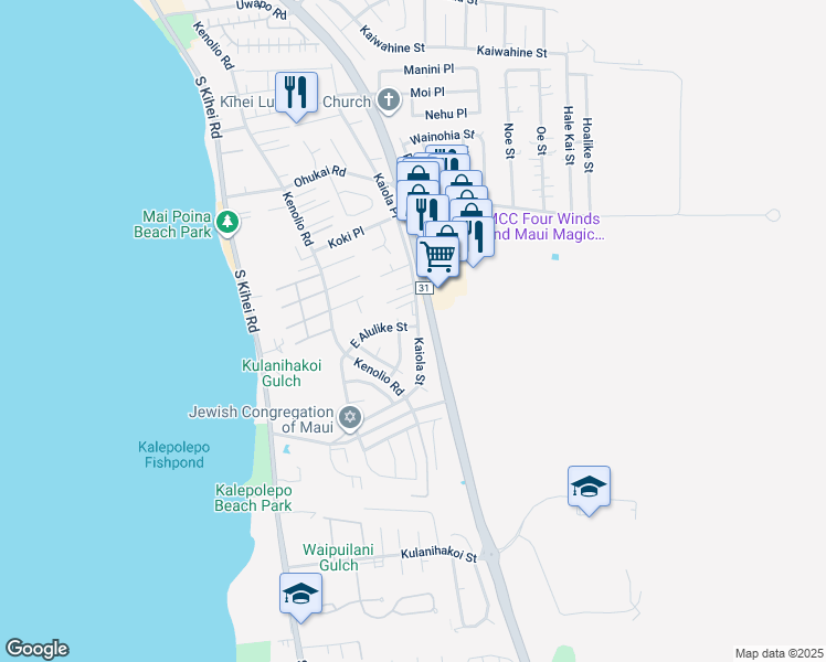 map of restaurants, bars, coffee shops, grocery stores, and more near 552 Kaiola Street in Kihei