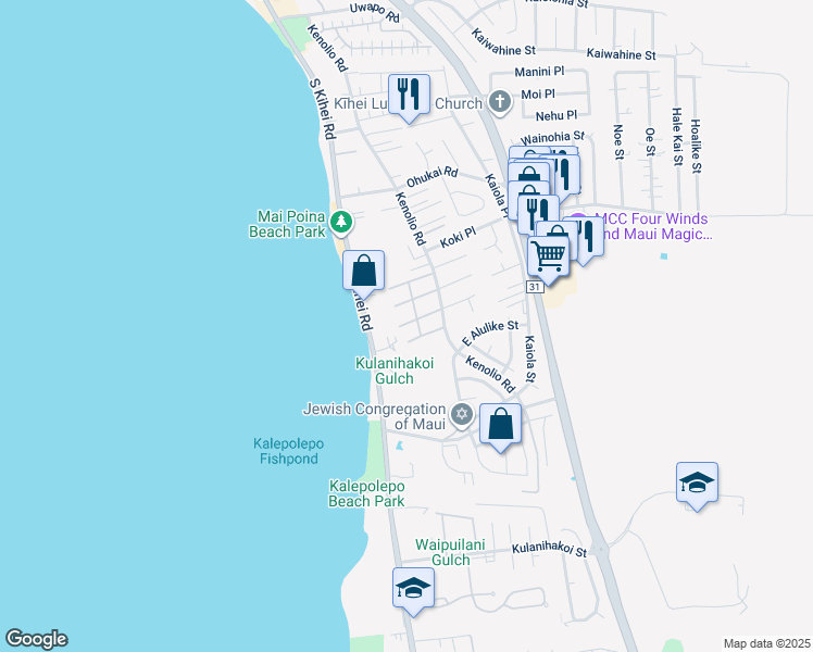 map of restaurants, bars, coffee shops, grocery stores, and more near 480 Kenolio Road in Kihei