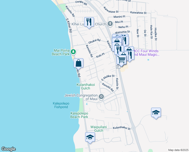 map of restaurants, bars, coffee shops, grocery stores, and more near 480 Kenolio Road in Kihei