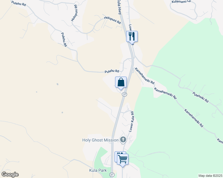 map of restaurants, bars, coffee shops, grocery stores, and more near 3646 Lower Kula Road in Kula