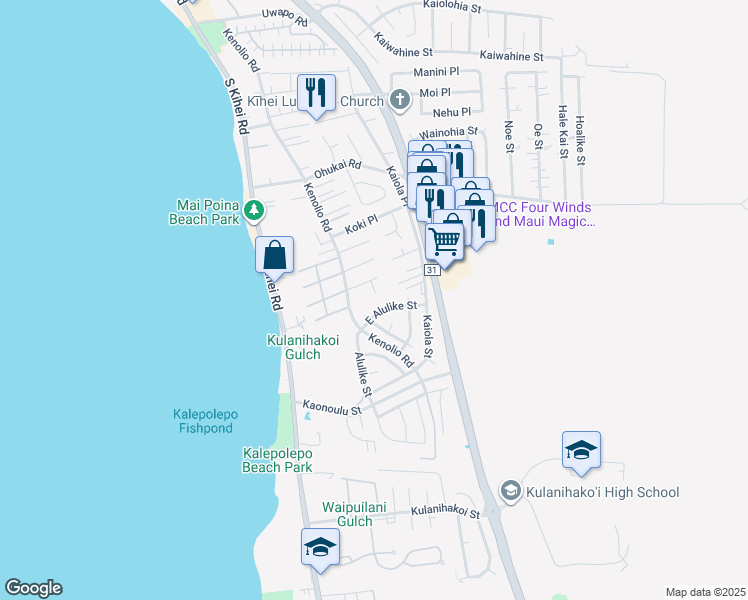 map of restaurants, bars, coffee shops, grocery stores, and more near 522 Ekahi Way in Kihei