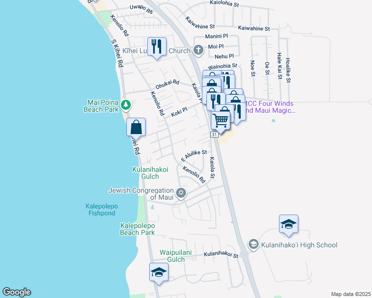 map of restaurants, bars, coffee shops, grocery stores, and more near 522 Ekahi Way in Kihei