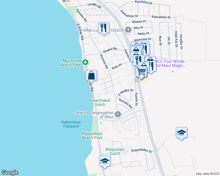 map of restaurants, bars, coffee shops, grocery stores, and more near 480 Kenolio Road in Kihei