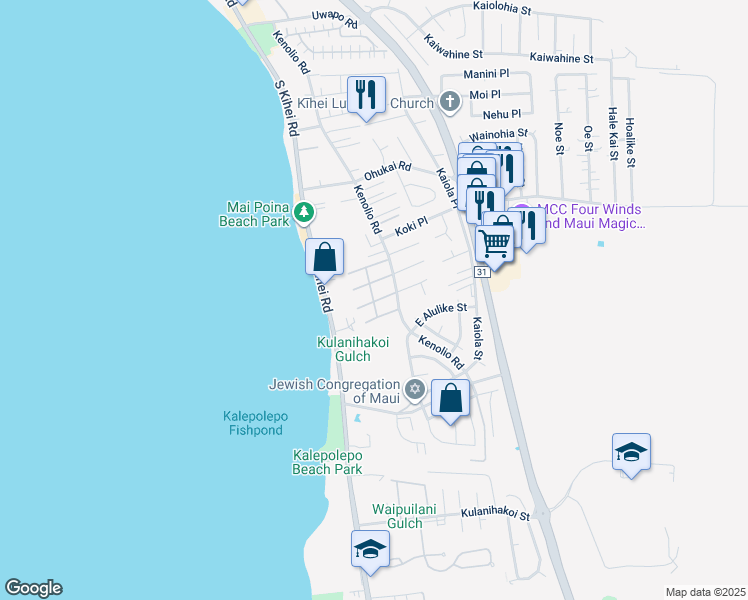 map of restaurants, bars, coffee shops, grocery stores, and more near 480 Kenolio Road in Kihei