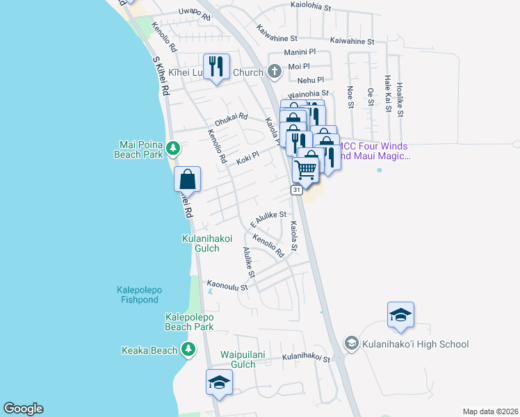 map of restaurants, bars, coffee shops, grocery stores, and more near 153 East Alulike Street in Kihei