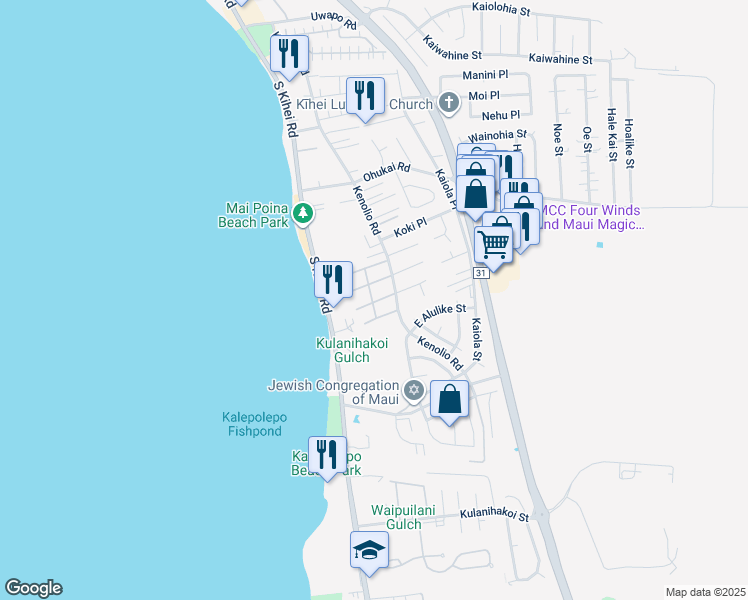 map of restaurants, bars, coffee shops, grocery stores, and more near 480 Kenolio Road in Kihei