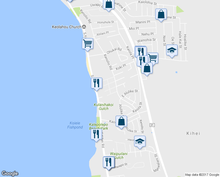 map of restaurants, bars, coffee shops, grocery stores, and more near 480 Kenolio Road in Kihei