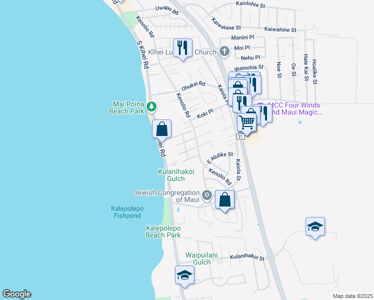 map of restaurants, bars, coffee shops, grocery stores, and more near 480 Kenolio Road in Kihei