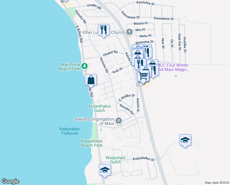 map of restaurants, bars, coffee shops, grocery stores, and more near 509 Kenolio Road in Kihei