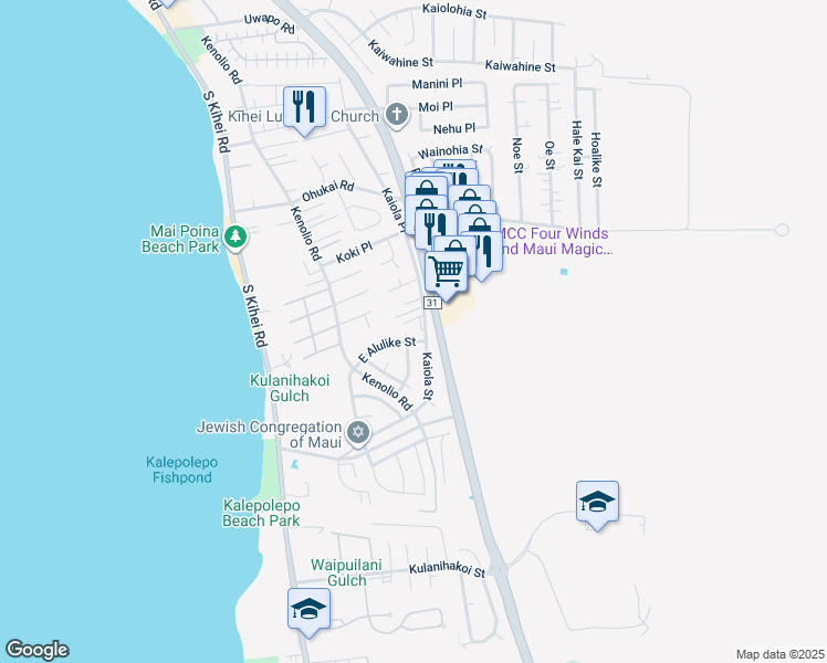 map of restaurants, bars, coffee shops, grocery stores, and more near 545 Halalai Street in Kihei
