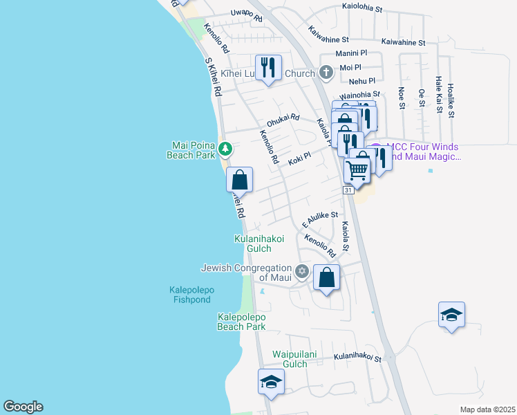 map of restaurants, bars, coffee shops, grocery stores, and more near 480 Kenolio Road in Kihei