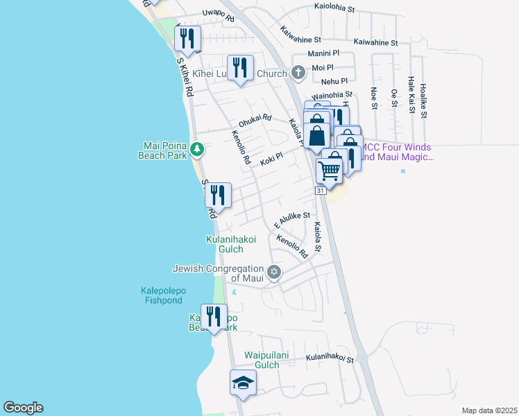 map of restaurants, bars, coffee shops, grocery stores, and more near 480 Kenolio Road in Kihei