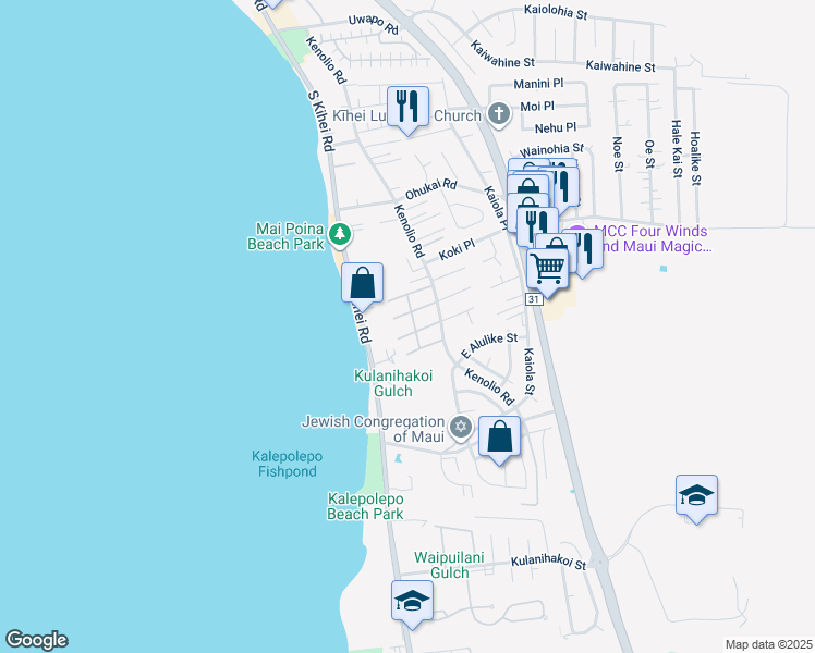 map of restaurants, bars, coffee shops, grocery stores, and more near 480 Kenolio Road in Kihei