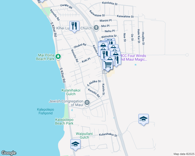 map of restaurants, bars, coffee shops, grocery stores, and more near 540 Halalai Street in Kihei