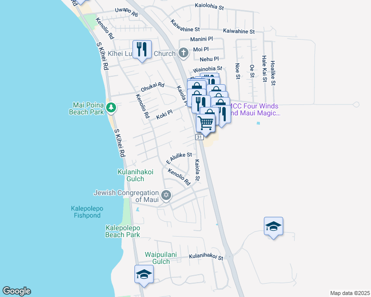 map of restaurants, bars, coffee shops, grocery stores, and more near 540 Halalai Street in Kihei