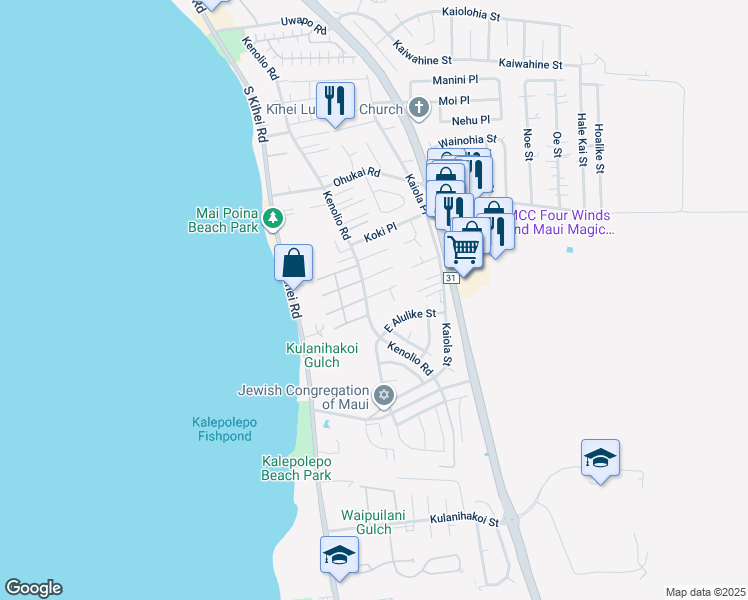 map of restaurants, bars, coffee shops, grocery stores, and more near 509 Kenolio Road in Kihei