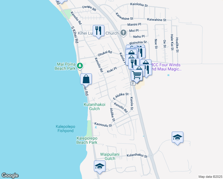 map of restaurants, bars, coffee shops, grocery stores, and more near 114 Lanakila Place in Kihei