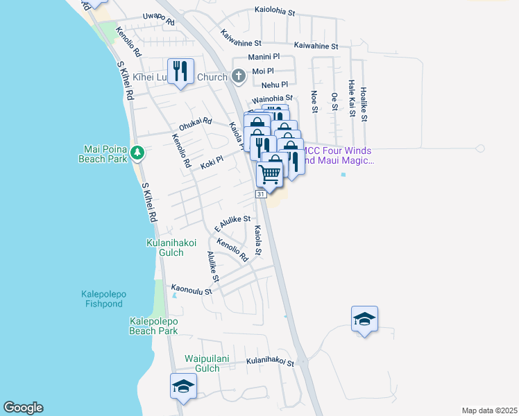 map of restaurants, bars, coffee shops, grocery stores, and more near 491 Kaiola Street in Kihei