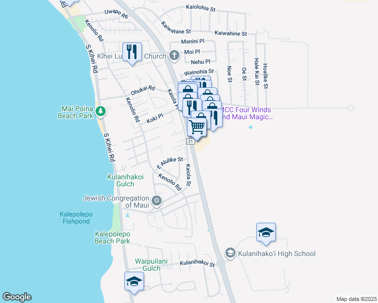 map of restaurants, bars, coffee shops, grocery stores, and more near 491 Kaiola Street in Kihei