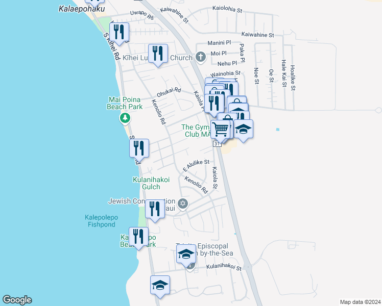 map of restaurants, bars, coffee shops, grocery stores, and more near 511 Ekahi Way in Kihei