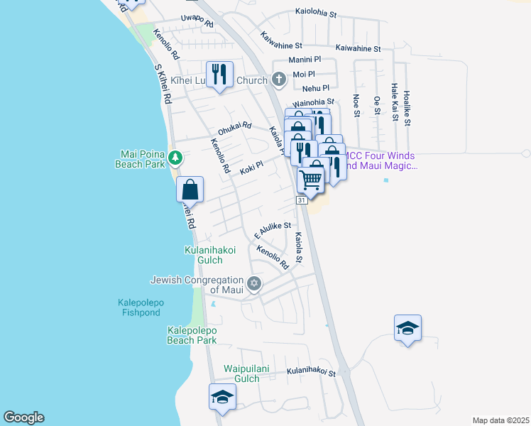 map of restaurants, bars, coffee shops, grocery stores, and more near 511 Ekahi Way in Kihei